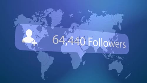 Profile icon with increasing followers against pulsating circles over world map on blue background
