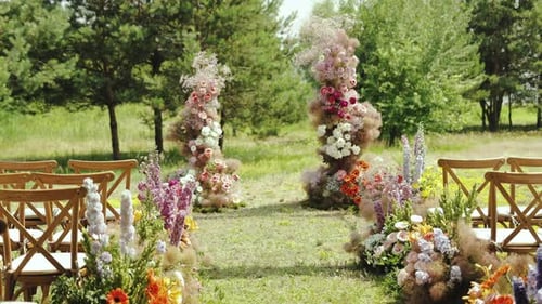 Outdoor Wedding Ceremony in Garden Among the Trees Medium Shot View of Beautiful and Tender Wedding