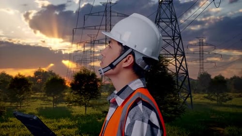 Close Up Side View Of Asian Male Engineer Looking At The Tablet In His Hand Near High Voltage Tower