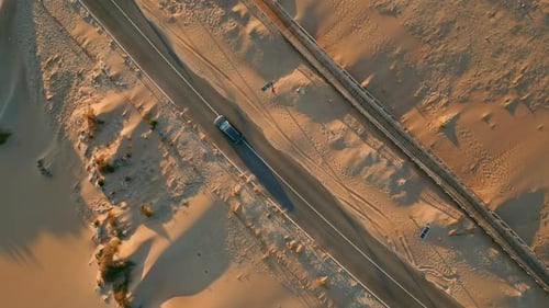 Drone View Desert Highway Running Along Sandy Terrain Summer Transport Riding