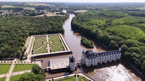 Aerial view of Chenonceau castle spanning the river Cher in Loire Valley, France
