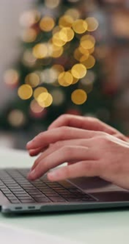 Christmas, hands or typing with laptop in house, digital holiday card or research for gift