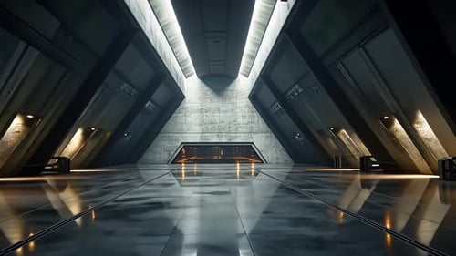 Futuristic, concrete corridor with polished floor. Interior design, modern, spacious, illuminated