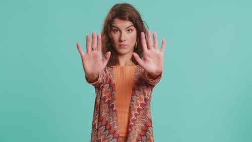 Woman Say No Hold Palm Folded Crossed Hands in Stop Gesture Warning of Finish Prohibited Access