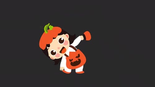 Cute Cartoon Girl in Pumpkin Halloween Costume Animation