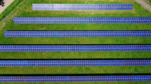 Innovative solar panels in rows on field. Blue sunny batteries receive ecological energy from sun.