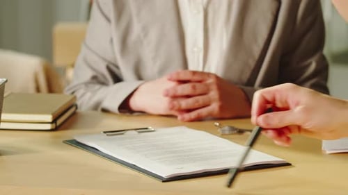 Customer Signing Contract Real Estate Agent Giving Home Keys Closeup Woman Realtor