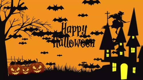 Happy Halloween Dark Background Flying Bats and Witch 4K