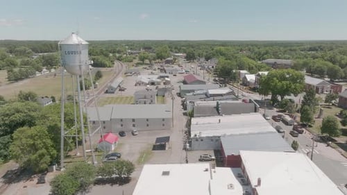 Water tower of Louisa, Virginia and drone video moving to downtown.