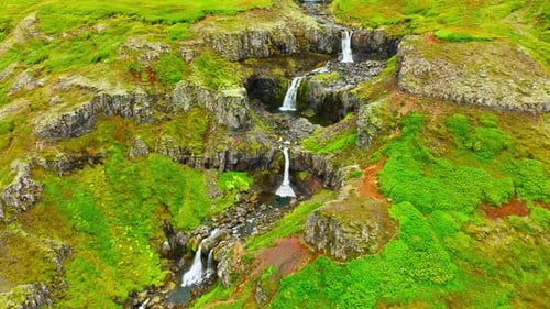 Spectacular Waterfalls in Mountains Beautiful Aerial View From Iceland in Summer Season Icelandic