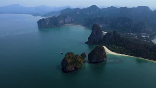 Aerial View of Tropical Beach and Rock Formations