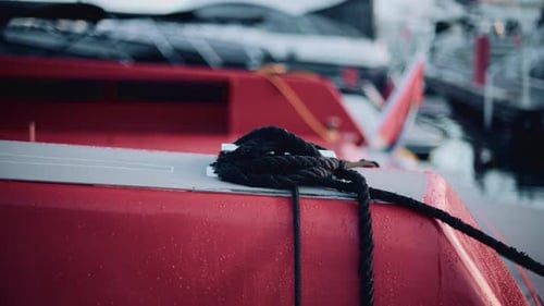 Nahaufnahme eines roten Bootes, das in einem Jachthafen vor Anker liegt und auf dem Deck ein schwarzes Seil aufgewickelt ist