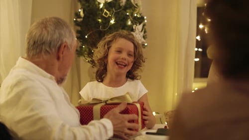 Girl gives Christmas gift to grandfather, hugs indoors