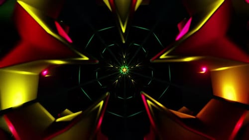 Kaleidoscopic Neon Tunnel VJ Loop with Pulsing Geometric Motion and Glowing Particles