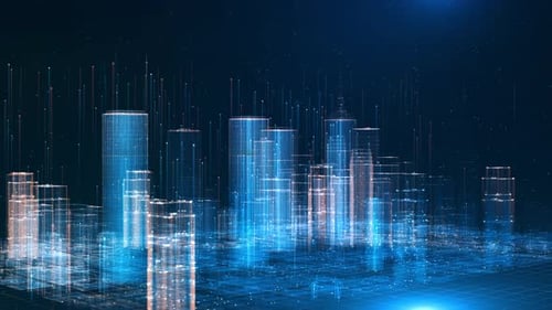 Futuristic Smart City Skyline Digital Buildings Cyber Connections Streaming Data AI IoT Big Data