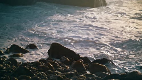Foaming Shallow Sea Water Washing Rocky Coast Closeup