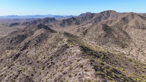 Aerial view of desert mountains and hills, United States.