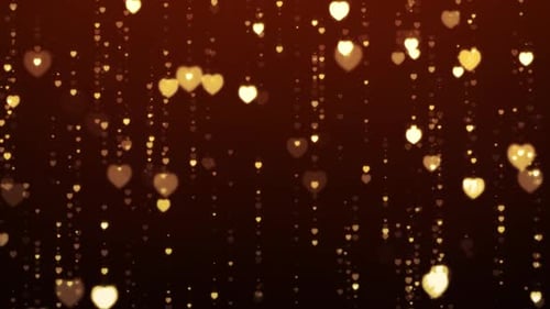 Corações dourados brilhantes, partículas caindo