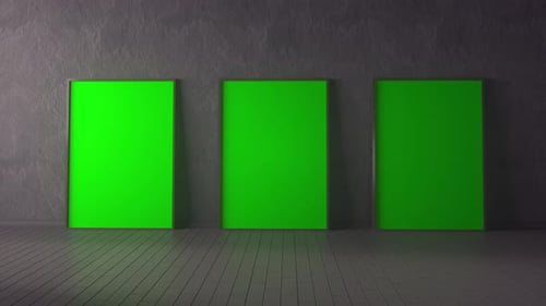 Three Vertical Posters With Green Screen Backgrounds in Dark Minimalist Room