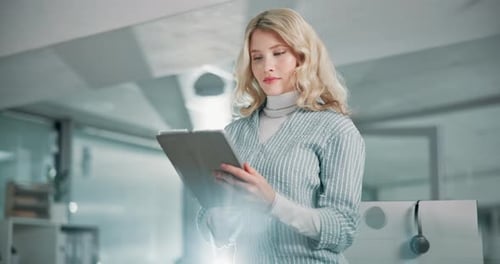 Professional, office and business woman on tablet for research, kpi report and website search