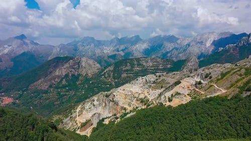 Aerial Backward Revealing Shot of Marble Quarry in Apuan Alps Carrara Italy