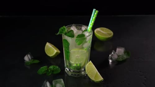 A Pouring Stream of Water into a glass of Mojito against a black background