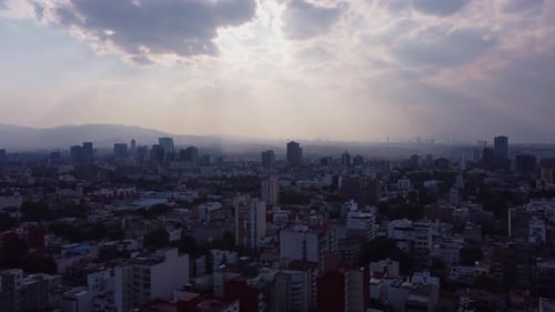 Aerial rising view of a sunset in Mexico City