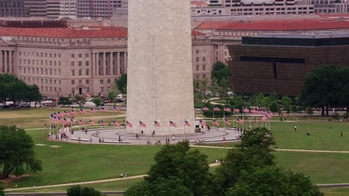 Washington Monument aerial view with American flags around