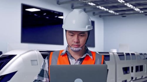 Close Up Of Asian Male Engineer Working On A Laptop With Train in Lab