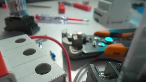 Electrician's Tools and Components Close Up View