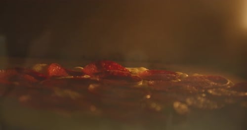 Pizza Melts From Oven Heat. Baking. Slow Motion