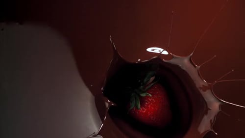 Strawberry Splashing into Dark Chocolate in Slow Motion