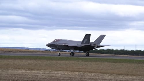 Lockheed Martin F-35A Lightning II Jet Plane Taxiing On Airport Tarmac At Cloudy Day.