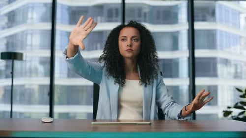 Professional Businesswoman Watching Augmented Display Closeup. Mixed Race Specialist Working At M...