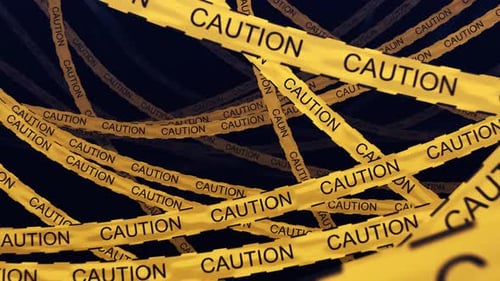 Movimento perfeito da câmera por meio de fitas de aviso. Fita de advertência amarela e preta.