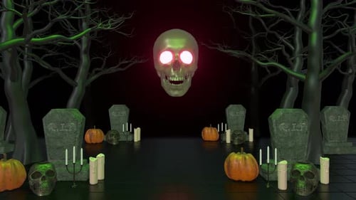 Animated Halloween Graveyard Scene with Glowing Skull