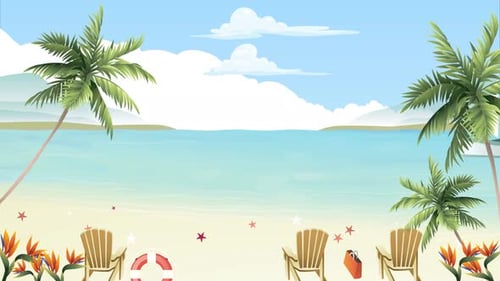 Cartoon Beach Scene Chairs Palm Trees Summer Animation