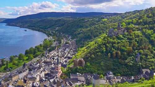 Sunny panoramic view of Bacharach, a small town in the Rhine river valley, Germany