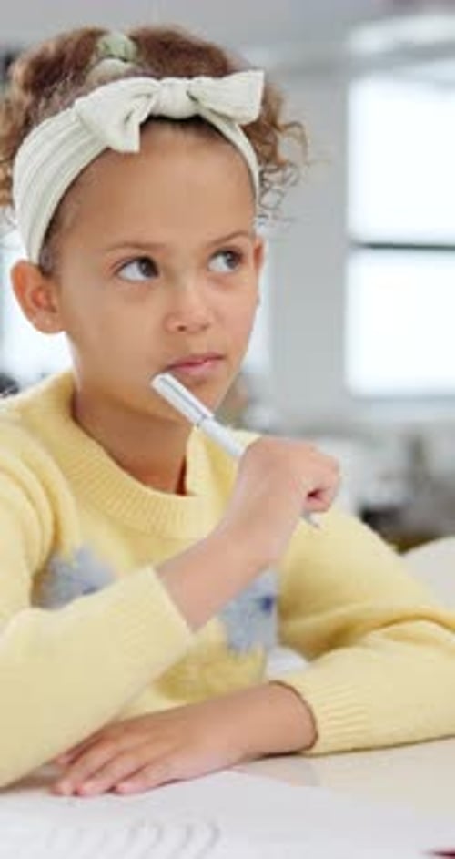 Girl, thinking and idea for homework, study and learning for growth and development