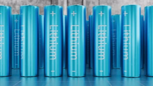 Camera movement along lithium-ion batteries. Production of lithium-ion batteries.