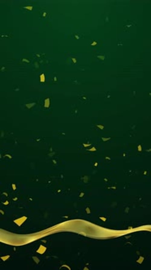 Green curtain background. Golden confetti banner ribbon. Celebration grand opening party happy .