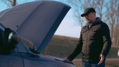 Sad Frustrated Man Beside His Broken Car with Open Hood