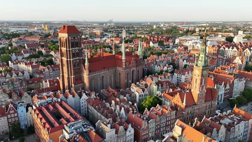 Aerial Video Shot By Drone Over the Historic Tourist Center of Gdansk the City Hall and the