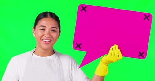 Asian woman, cleaner and speech bubble on green screen for chat against a studio background