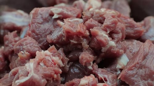 Raw Mutton in Metall Bowl Closeup Muttons Meat for Uzbek Pilaf Turkey Food Chef Preparing a Bif