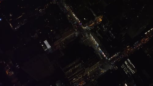 Aerial View Of Downtown Manhattan, New York City, At Night In The Winter. Shot On 4k Red Camera
