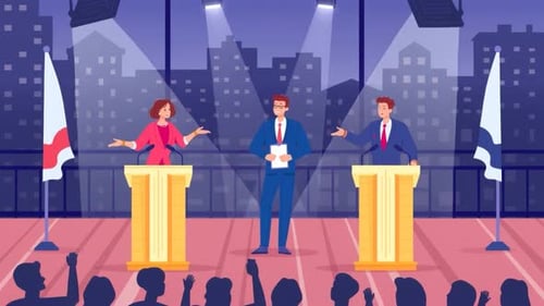 Candidatos electorales: hablar en público, debate político, democracia, elecciones: dibujos animados