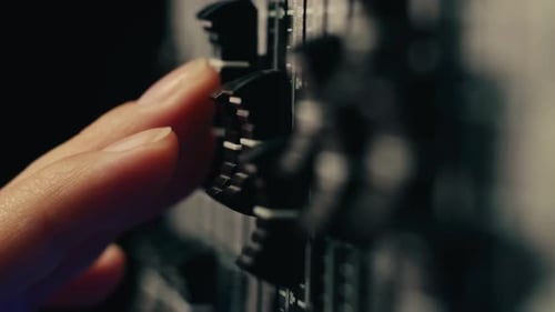 Soundboard Pads Station Closeup Sound Designer Use Digital Audio Mixer in Production Studio Sound