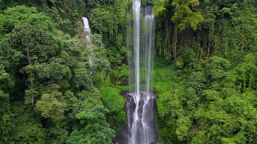 Drone View of Sekumpul Waterfall Surrounded By Tropical Jungle in Bali Indonesia