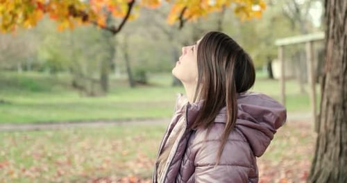 Close up profile shot of a beautiful girl looking up at the beautiful fall leaves. She Looks in wond